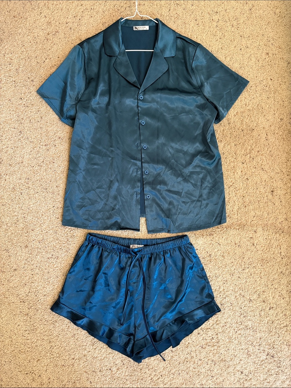 Ekouaer Women's Satin Short Pajama Set in Teal Blue